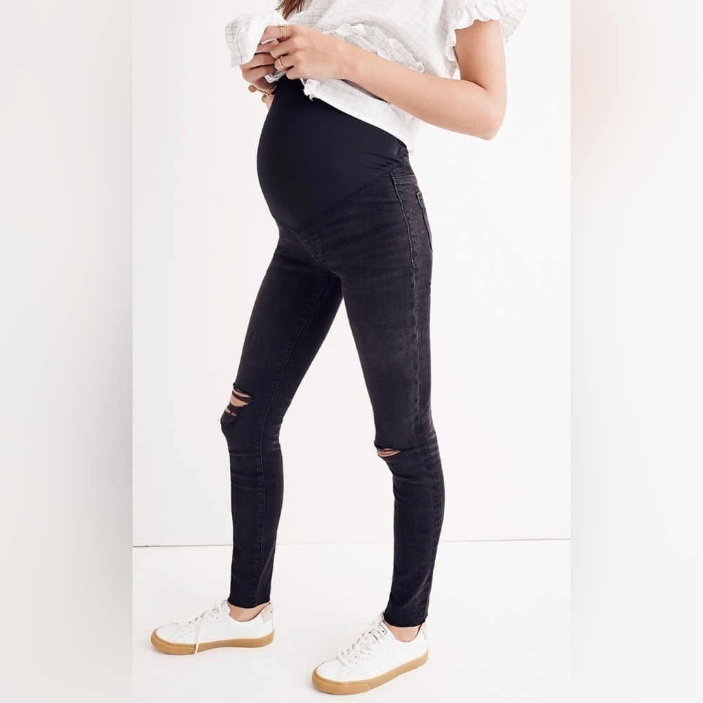 Madewell Over the Belly Distressed Raw Hem Black Sea Skinny Maternity Jean sz 30